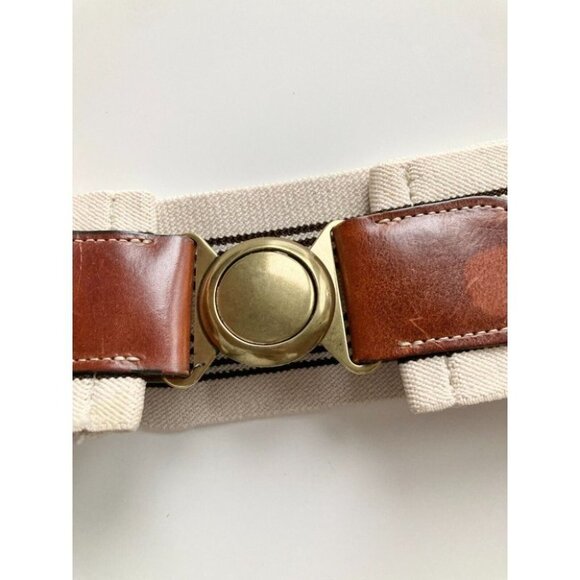 Vintage Brown Leather Beige Striped Stretch Canvas Brass Waist Belt, One Size - Picture 3 of 9